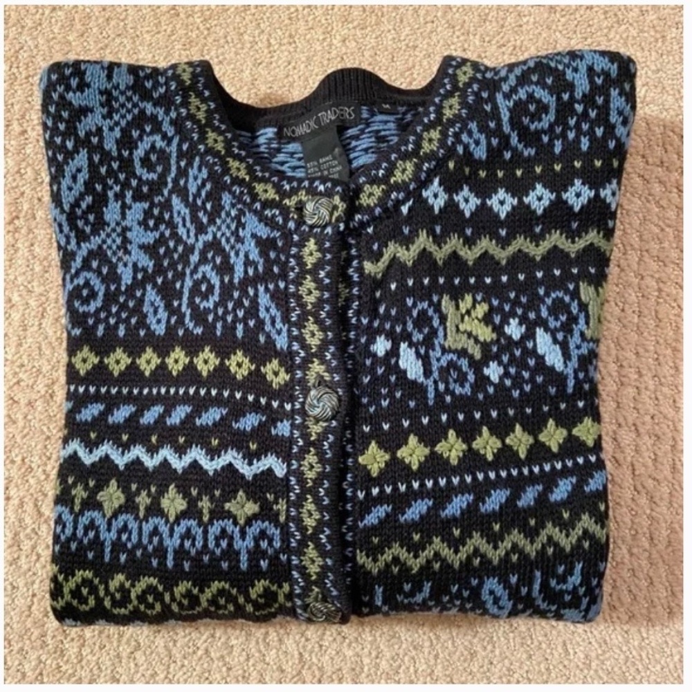 Black, Blue, Olive Floral Fair Isle Cardigan Sweater; Like New; Medium